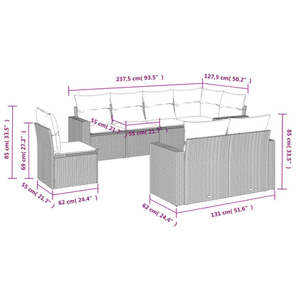 8-delige Loungeset met kussens poly rattan lichtgrijs