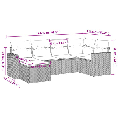 6-delige Loungeset met kussens poly rattan bruin