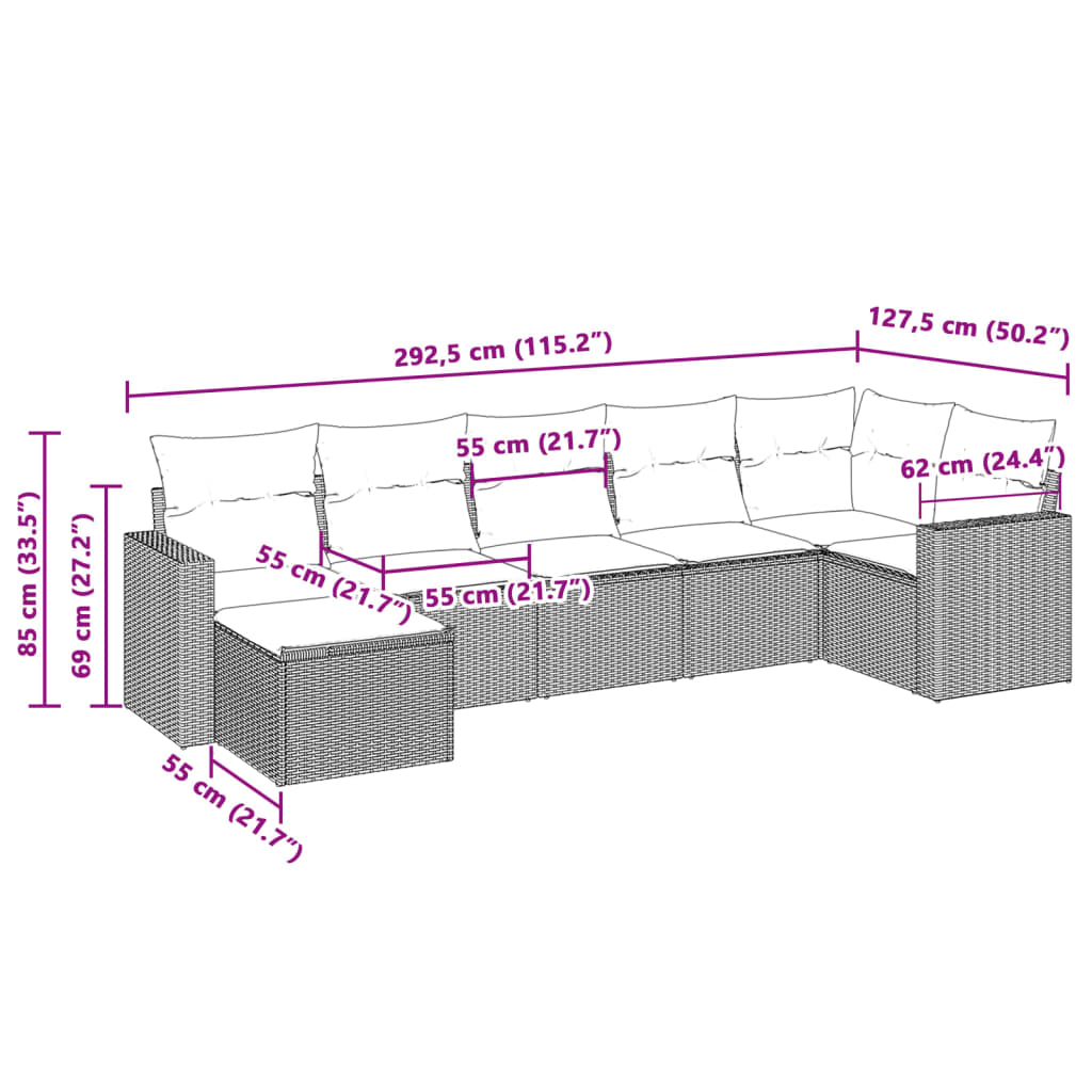 7-delige Loungeset met kussens poly rattan lichtgrijs