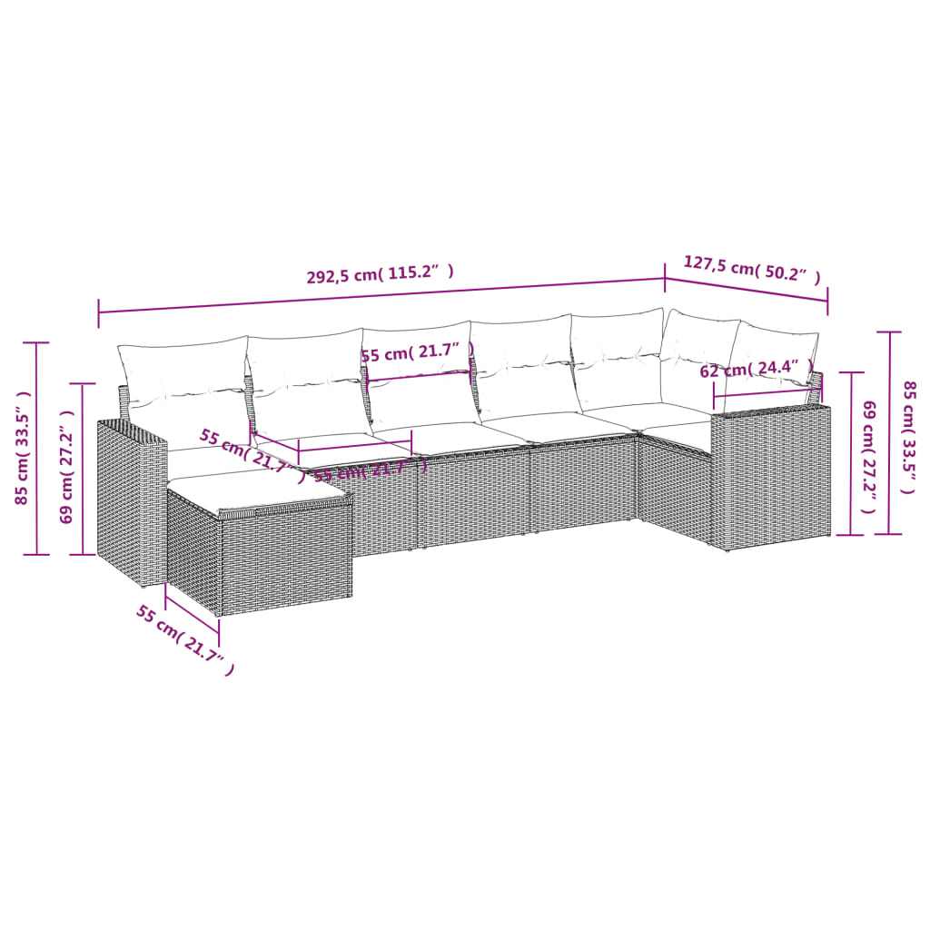 7-delige Loungeset met kussens poly rattan bruin