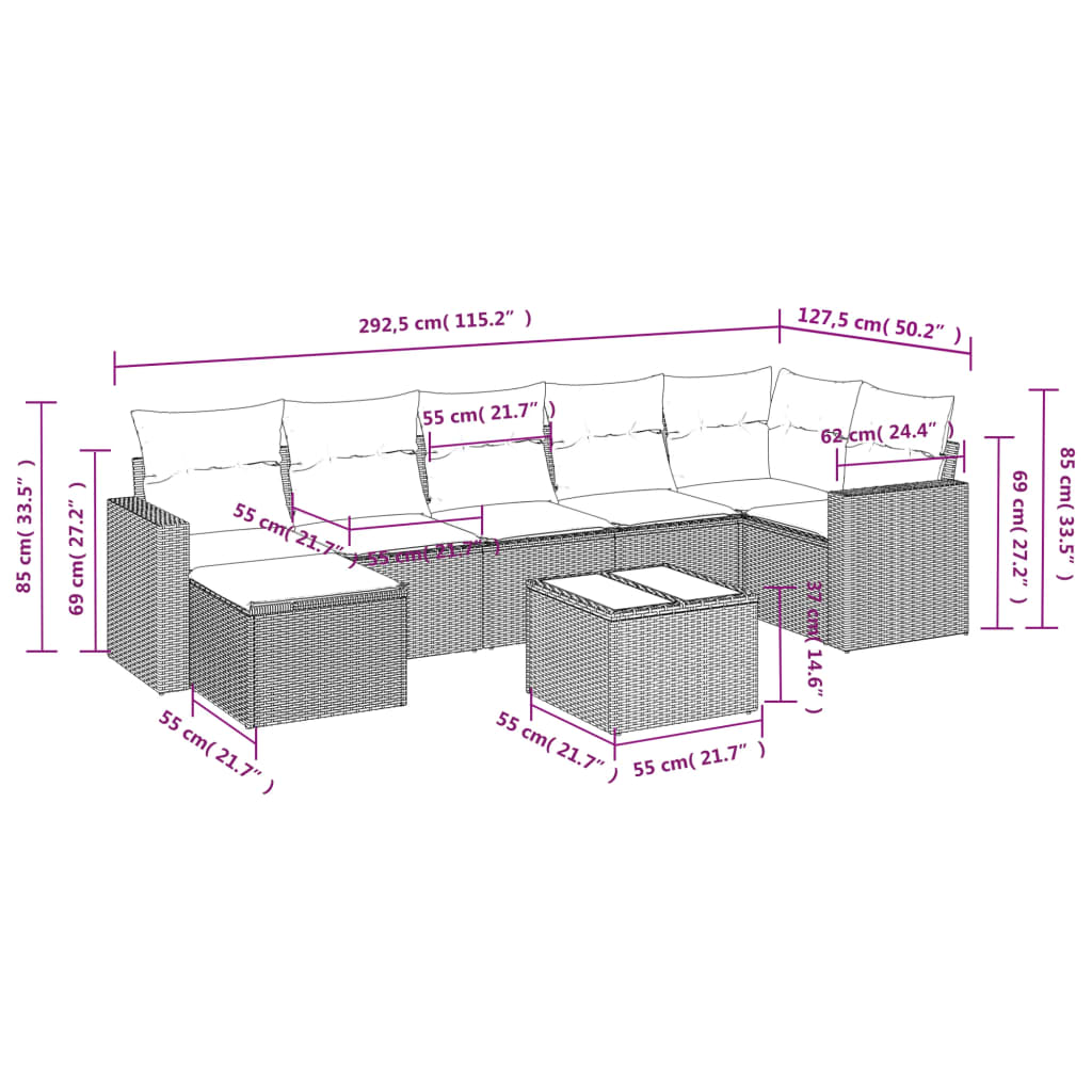 8-delige Loungeset met kussens poly rattan lichtgrijs