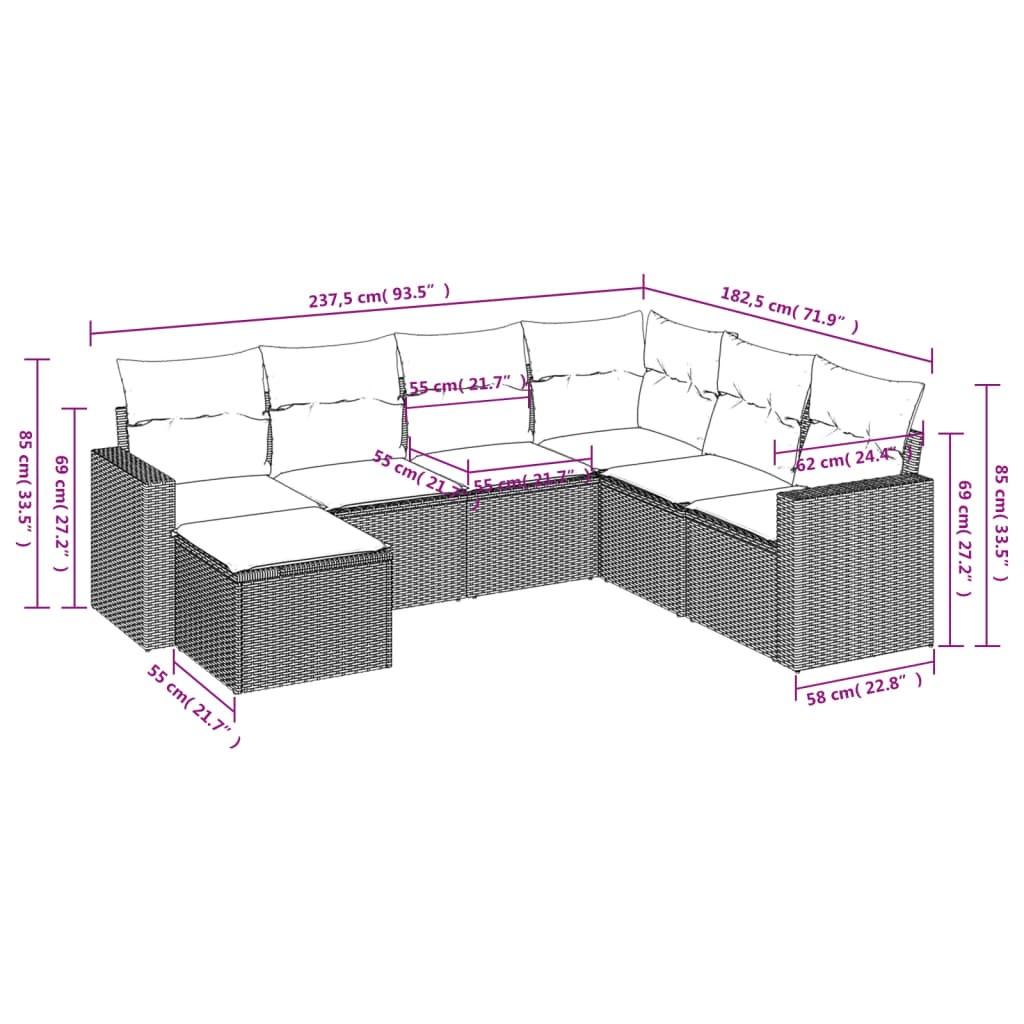 7-delige Loungeset met kussens poly rattan lichtgrijs