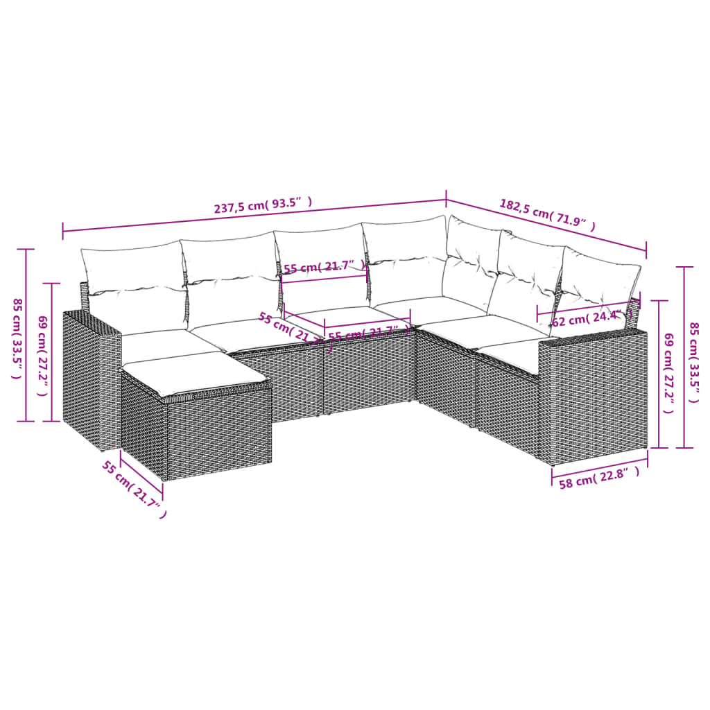 7-delige Loungeset met kussens poly rattan bruin