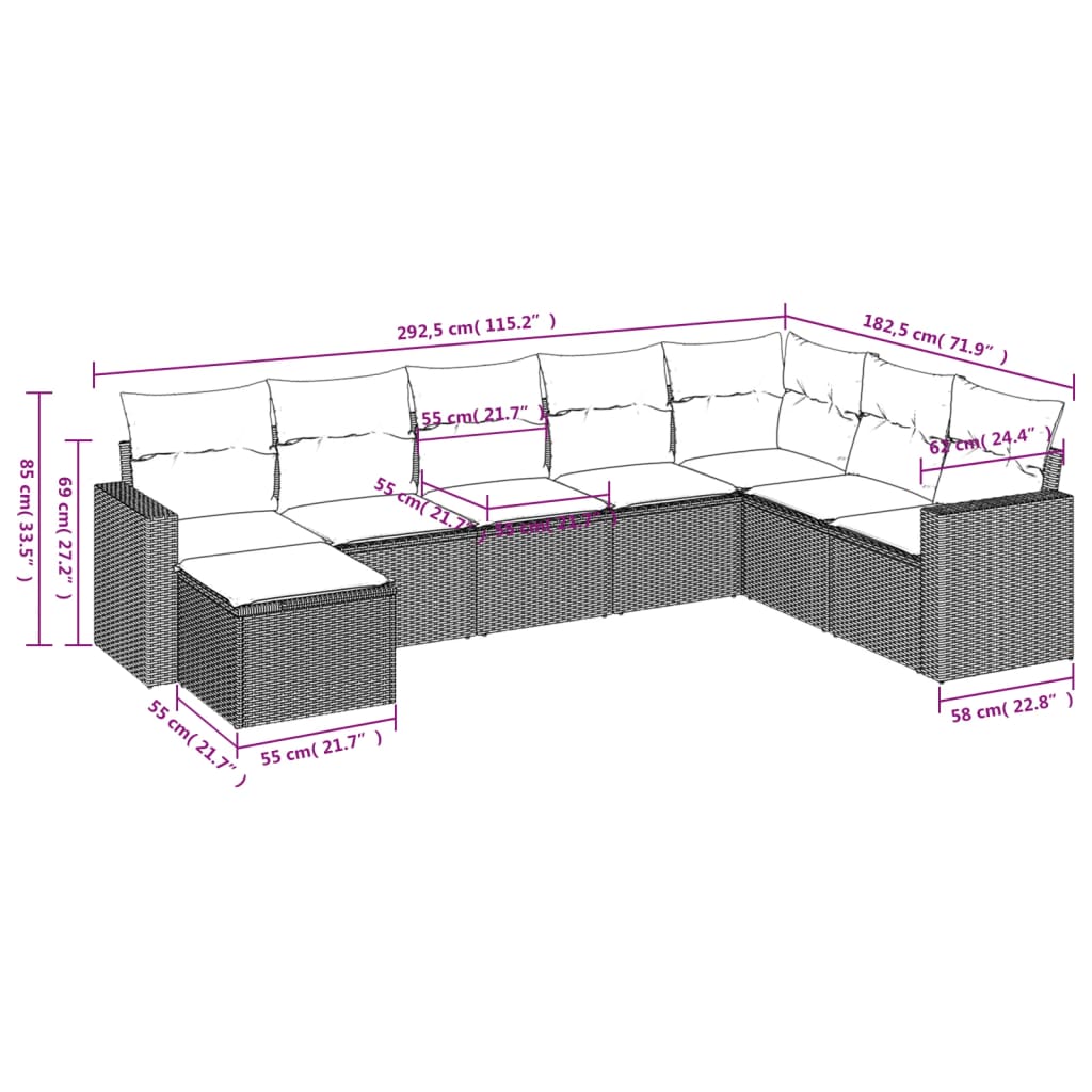 8-delige Loungeset met kussens poly rattan bruin