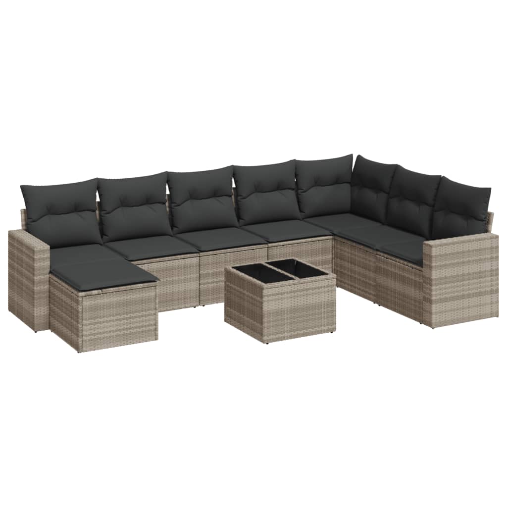 9-delige Loungeset met kussens poly rattan lichtgrijs