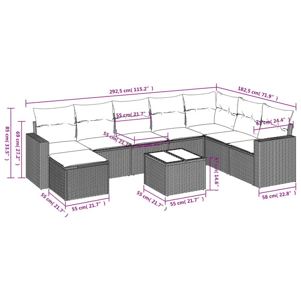 9-delige Loungeset met kussens poly rattan lichtgrijs