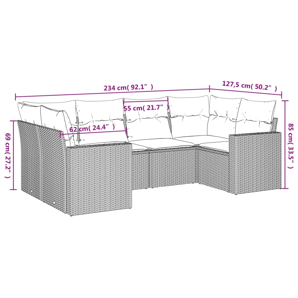6-delige Loungeset met kussens poly rattan lichtgrijs