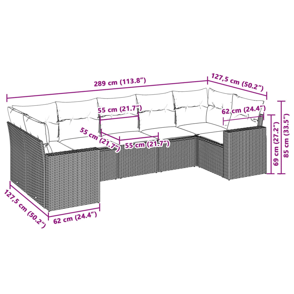 7-delige Loungeset met kussens poly rattan lichtgrijs