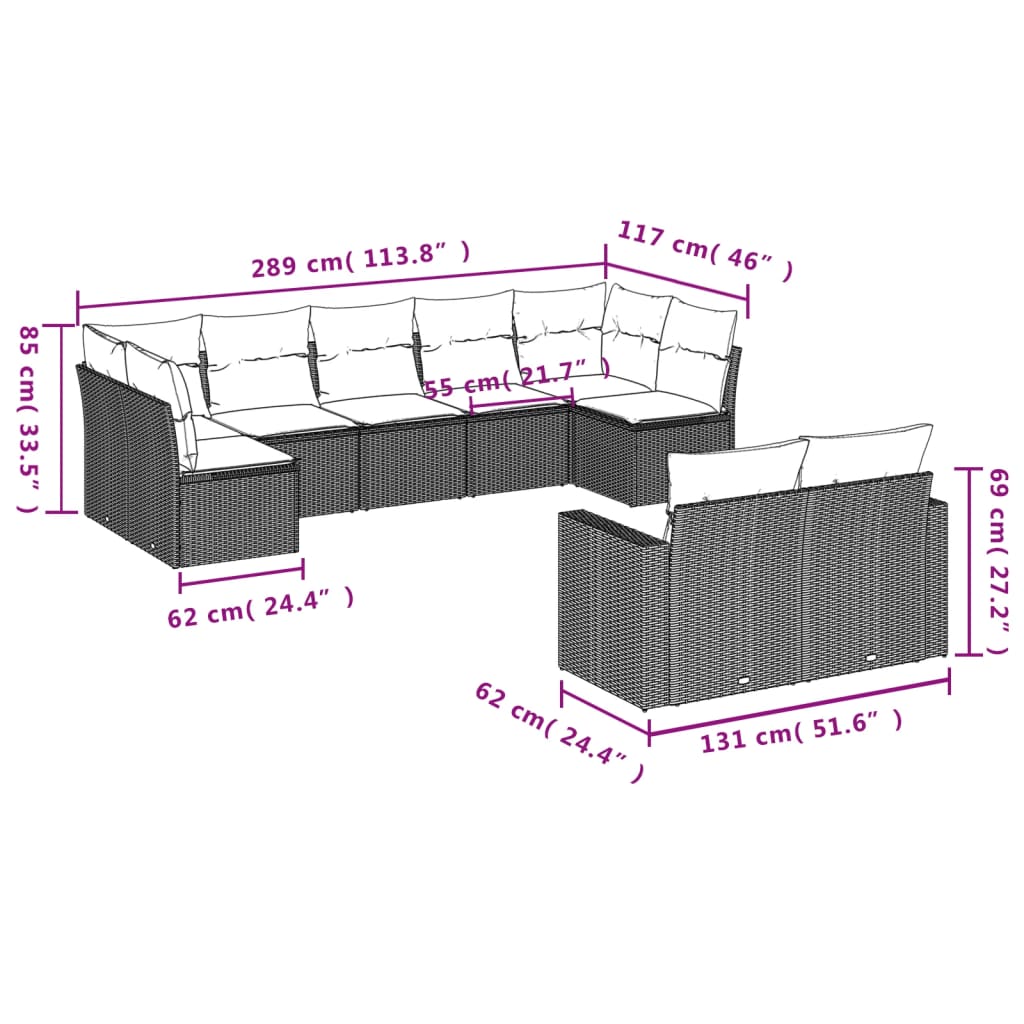 9-delige Loungeset met kussens poly rattan zwart