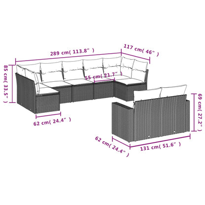 9-delige Loungeset met kussens poly rattan zwart
