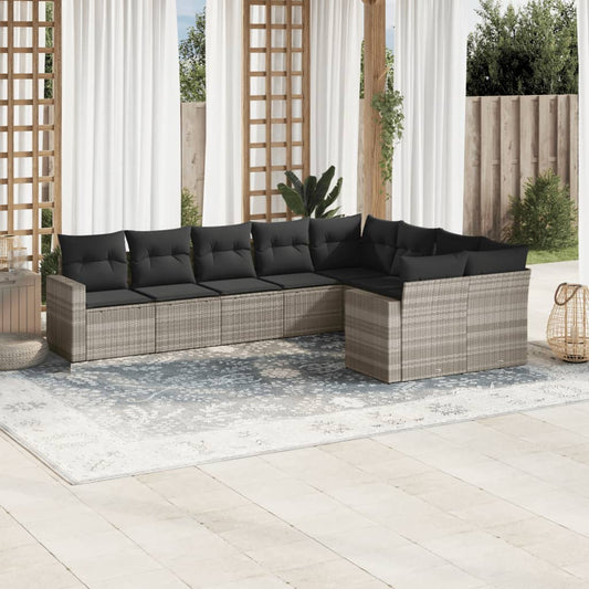9-delige Loungeset met kussens poly rattan lichtgrijs