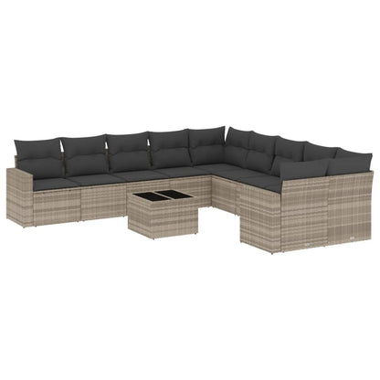 11-delige Loungeset met kussens poly rattan lichtgrijs