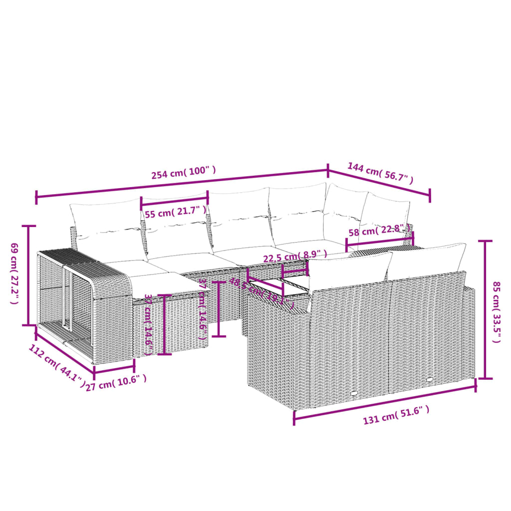 11-delige Loungeset met kussens poly rattan lichtgrijs