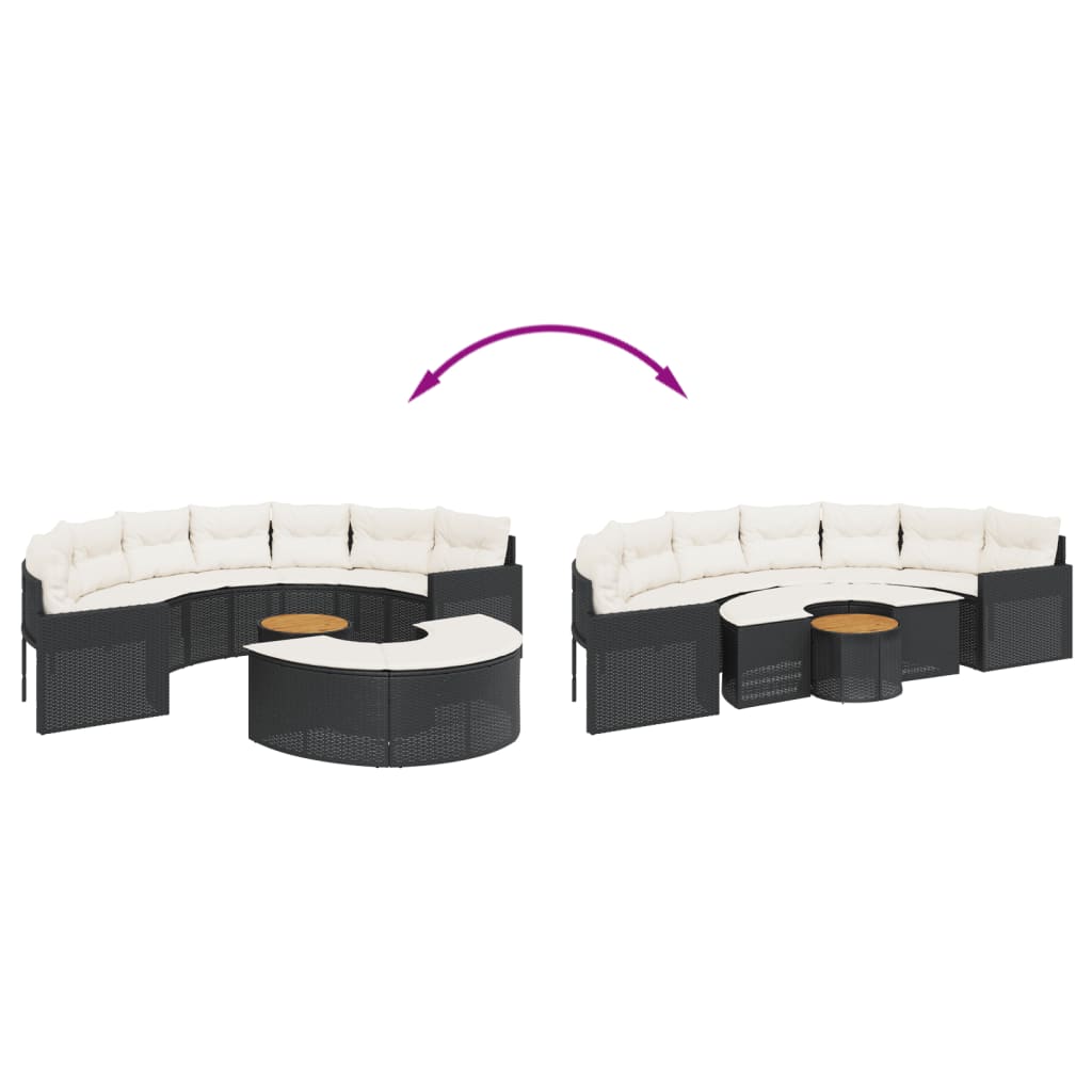3-delige Loungeset halfrond poly rattan zwart