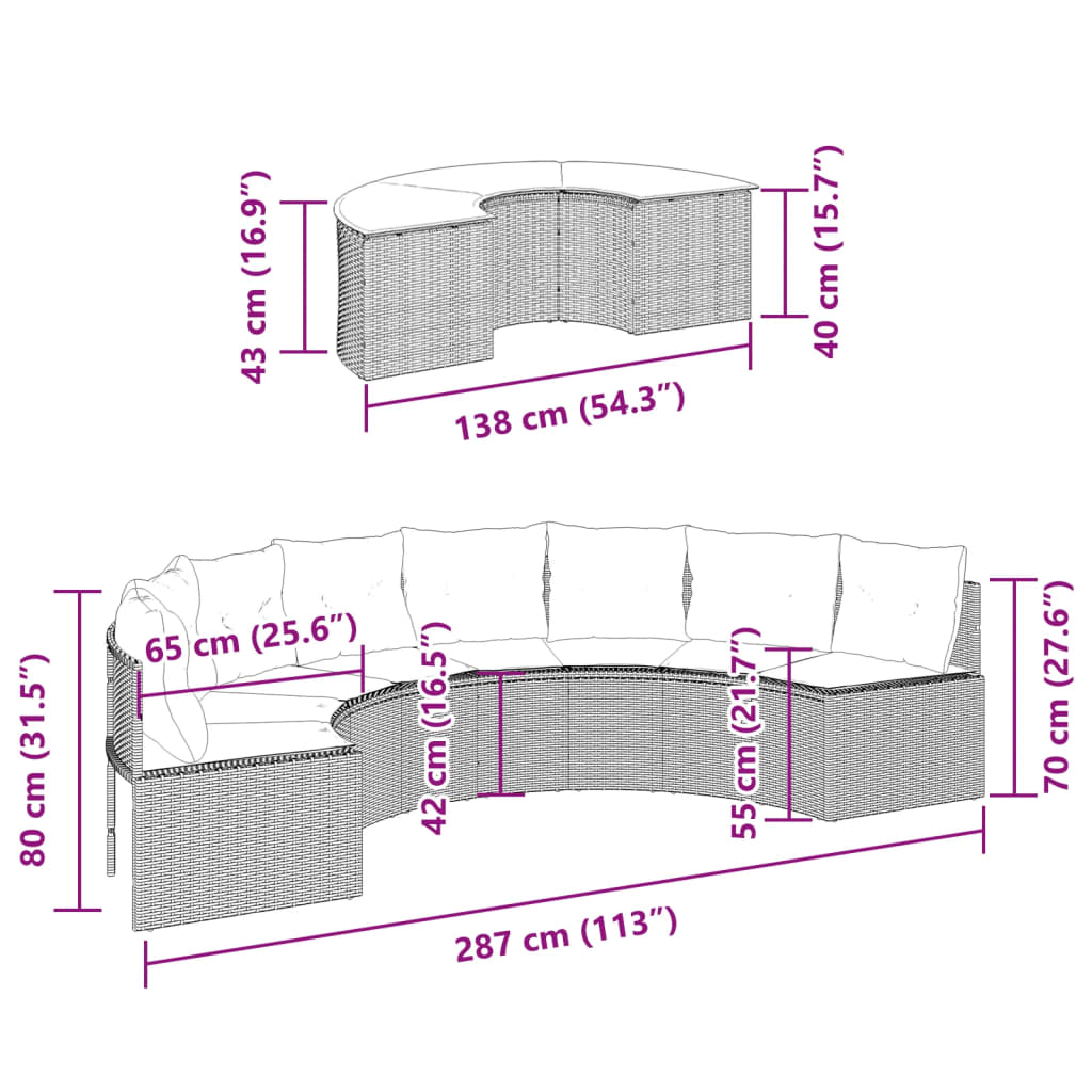 2-delige Loungeset halfrond poly rattan beige