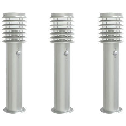 Buitenvloerlampen 3 st met sensors 60 cm roestvrijstaal zilver
