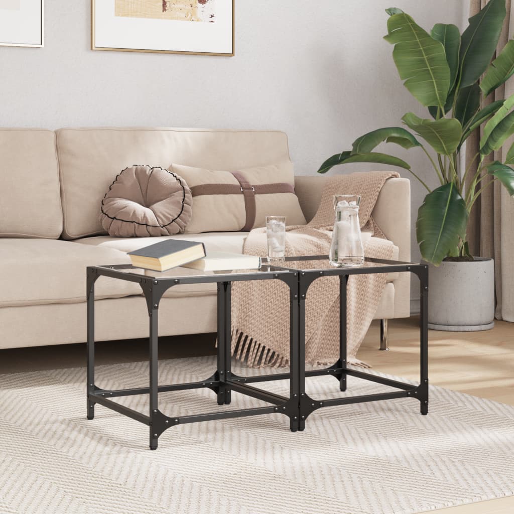 Salontafels 2 st met transparant glazen blad 40x40x40 cm staal