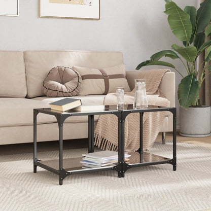 Salontafels 2 st met zwart glazen blad 40x40x40 cm staal
