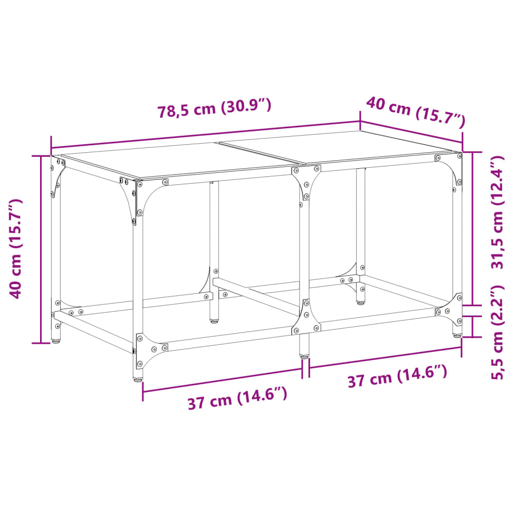 Salontafel met transparant glazen blad 78,5x40x40 cm staal