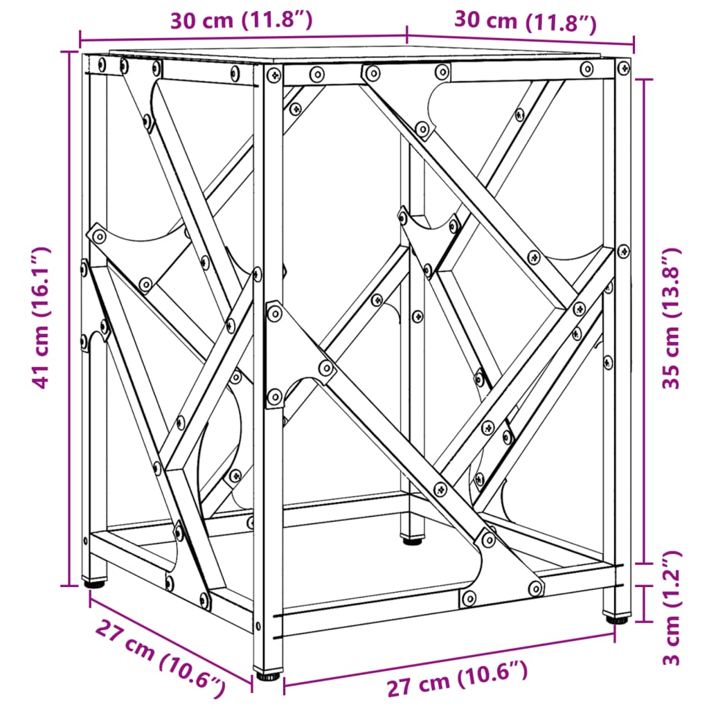Salontafel met transparant glazen blad 30x30x41 cm staal