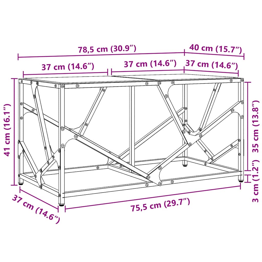 Salontafel met zwart glazen blad 78,5x40x41 cm staal