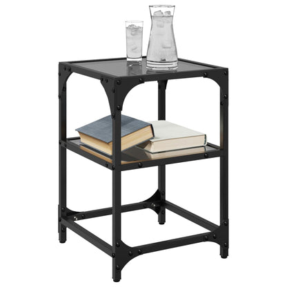 Salontafel met zwart glazen blad 30x30x45 cm staal