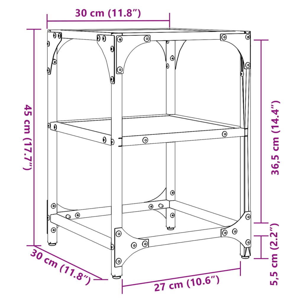 Salontafel met zwart glazen blad 30x30x45 cm staal