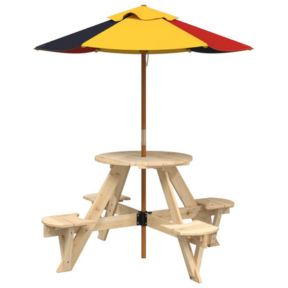 Picknicktafel voor 4 kinderen met parasol rond vurenhout