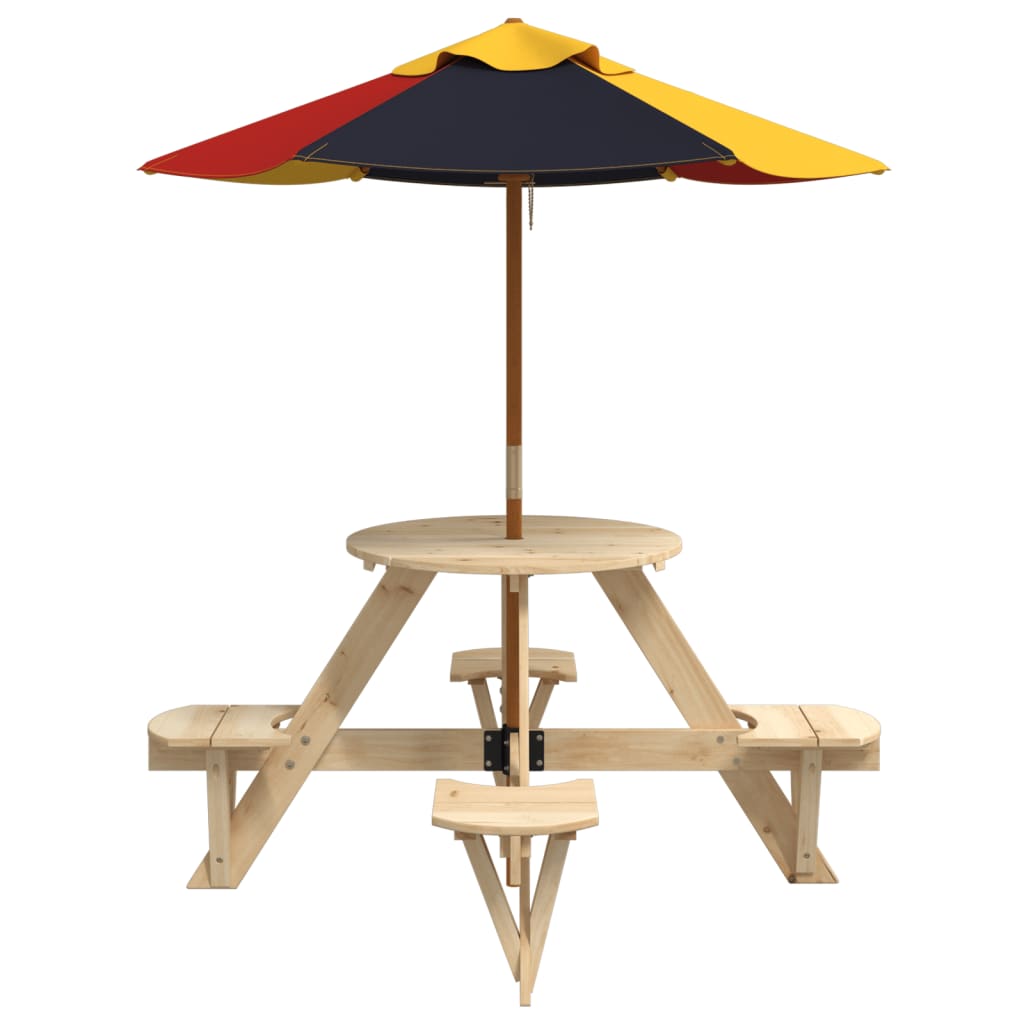 Picknicktafel voor 4 kinderen met parasol rond vurenhout