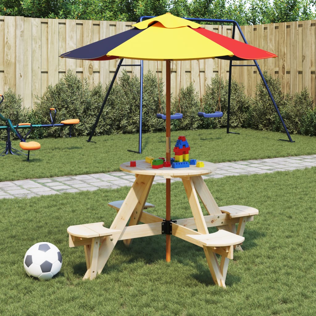Picknicktafel voor 4 kinderen met parasolgat rond vurenhout