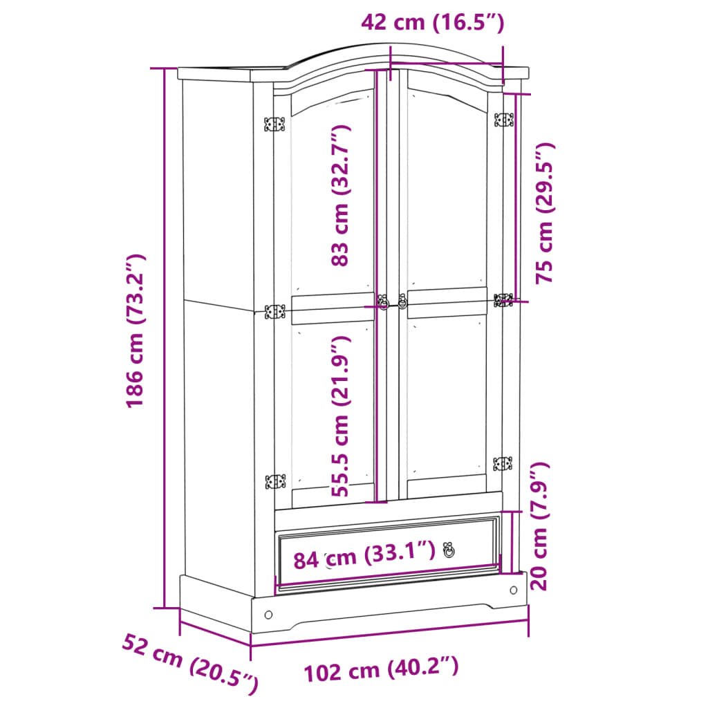 Kledingkast Corona 102x52x186 cm massief grenenhout
