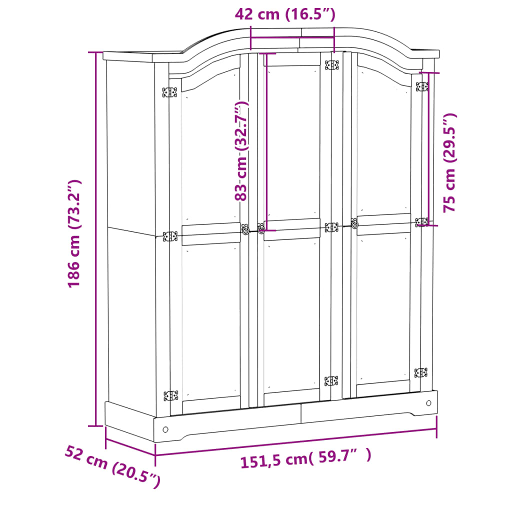 Kledingkast Corona wit 151,5x52x186 cm massief grenenhout