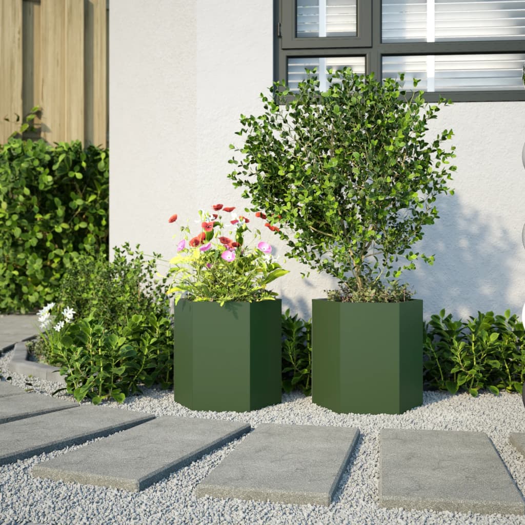 Plantenbakken Zeshoek Staal Olijfgroen 2 46 x 40 x 45 cm Staal/Groen