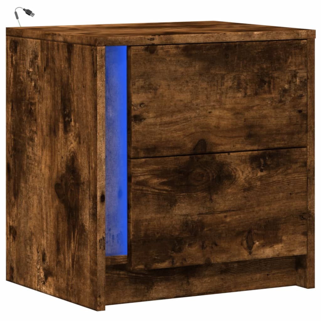 nachtkastje met LED-verlichting bewerkt hout gerookt eikenkleur