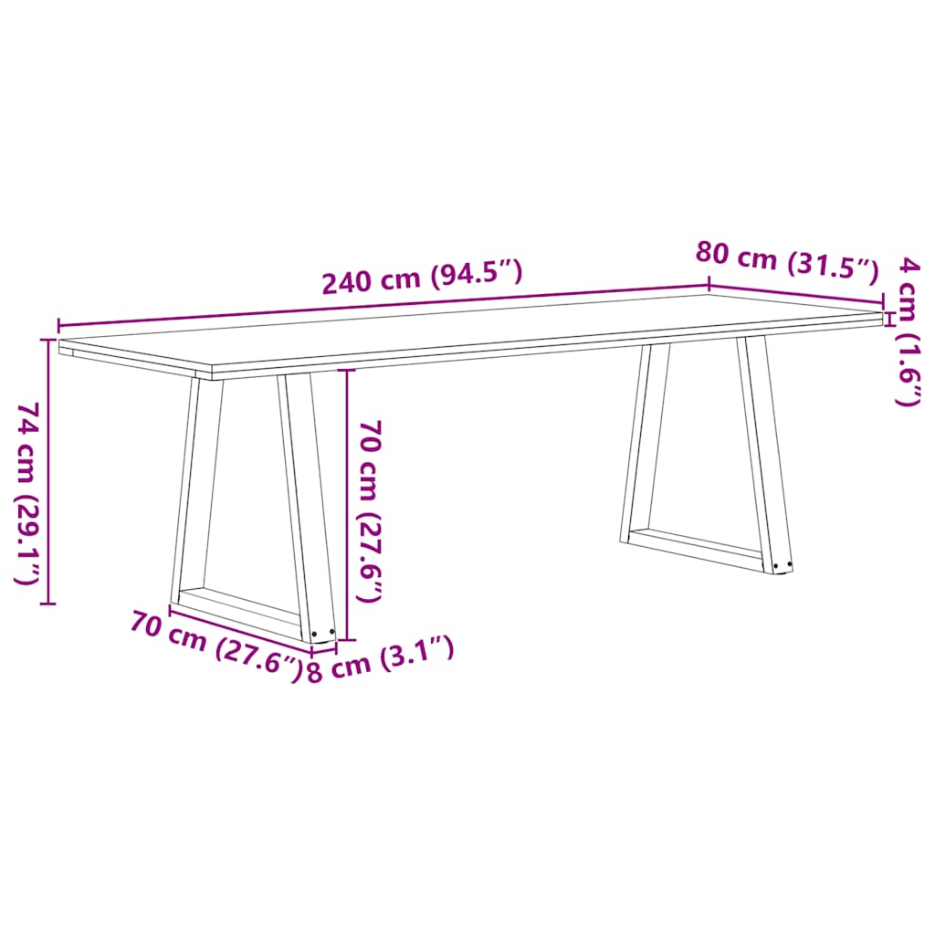 Eettafel rechthoekig 240x80x74 cm massief eikenhout lichtbruin