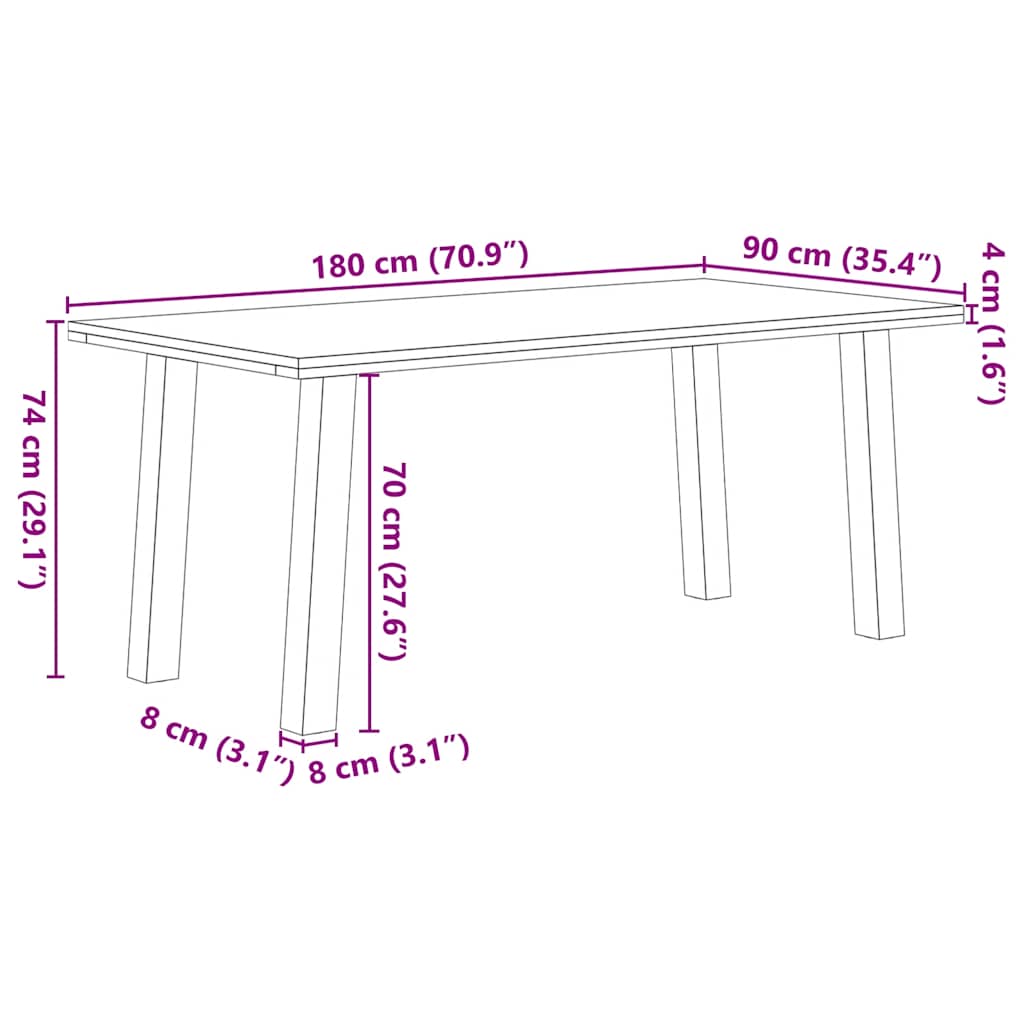 Eettafel rechthoekig 180x90x74 cm massief eikenhout lichtbruin