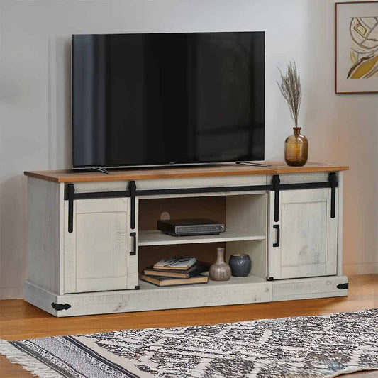 Tv-meubel HALDEN 2 schuifdeuren 150x40x60 cm massief hout wit