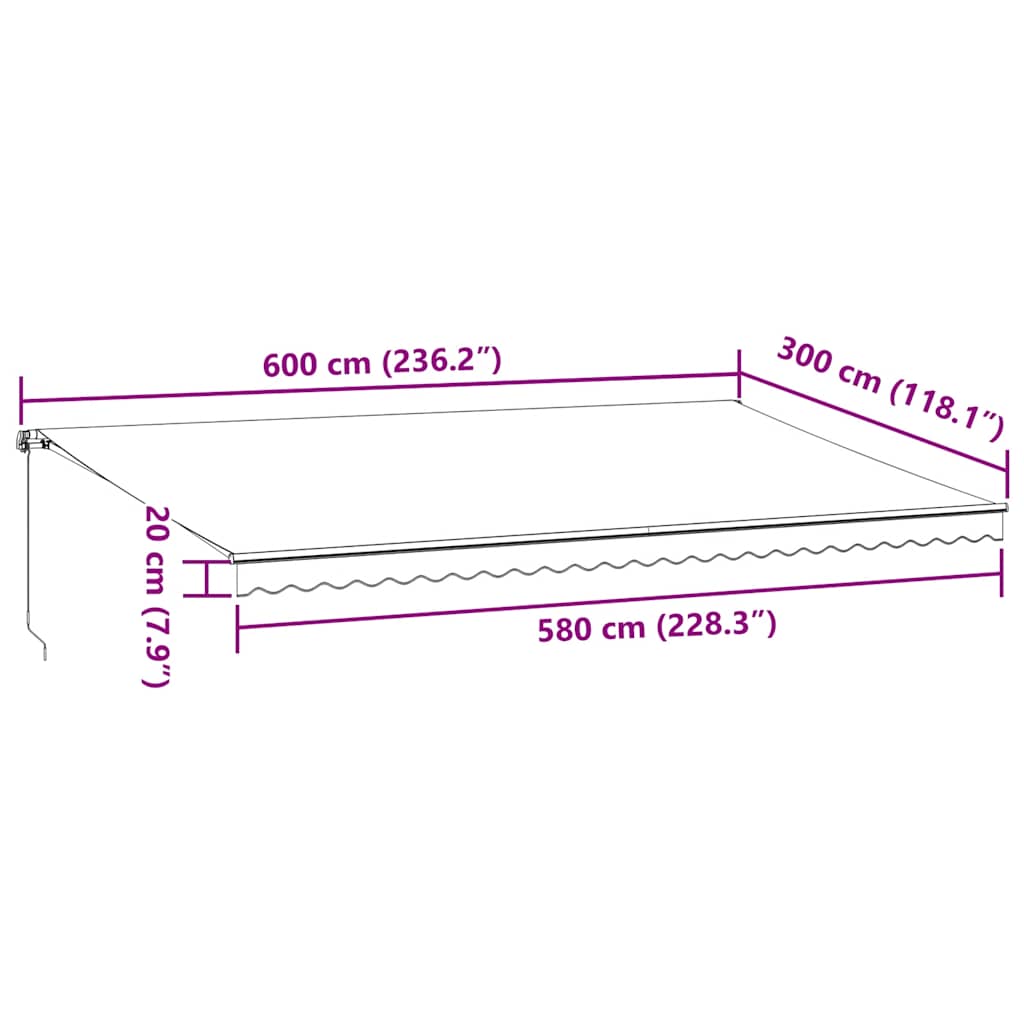 Luifel handmatig uittrekbaar en LED 600x300 cm antraciet en wit