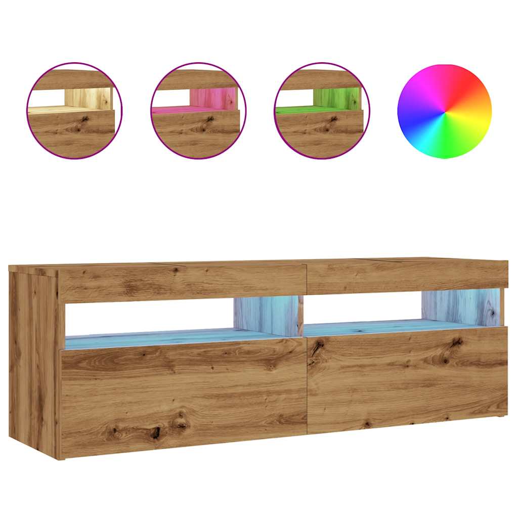 Tv-meubel met LED 120x35x40 cm bewerkt hout artisanaal eiken