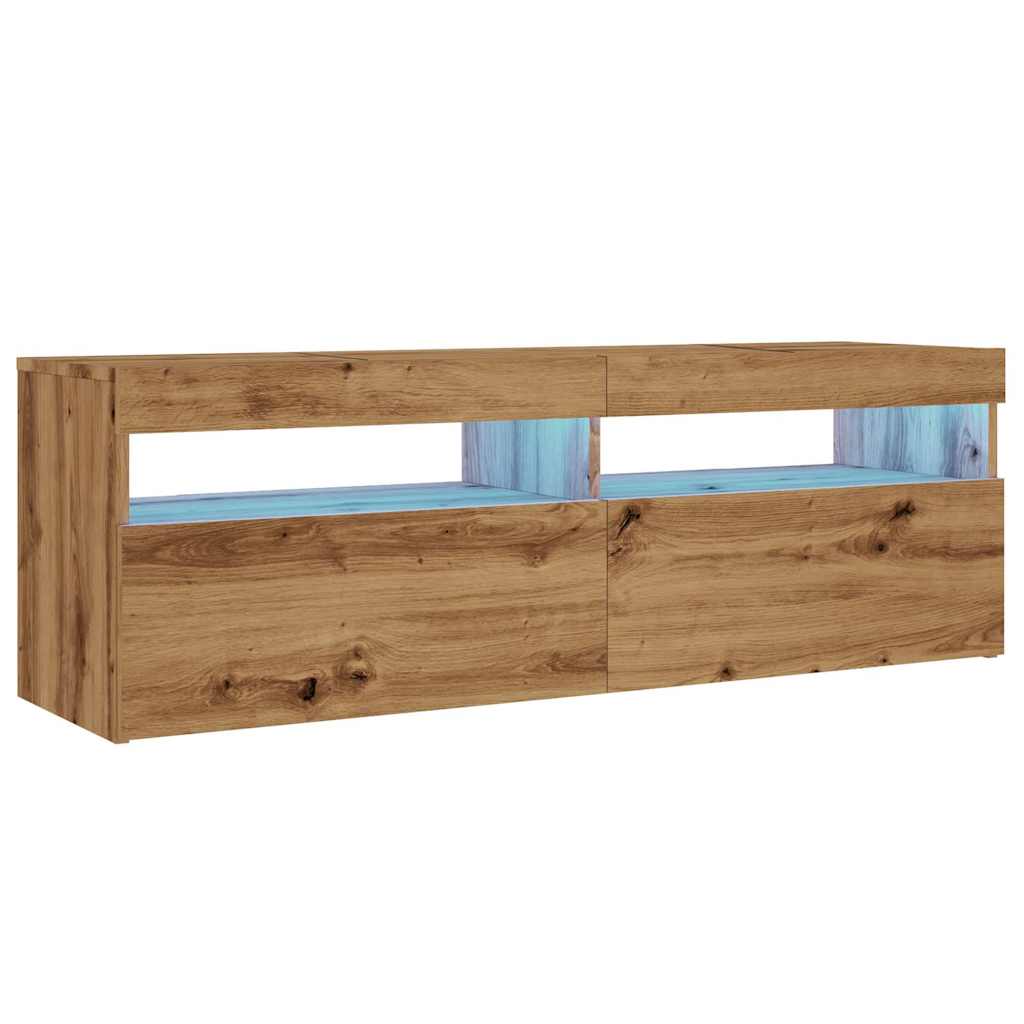 Tv-meubel met LED 120x35x40 cm bewerkt hout artisanaal eiken