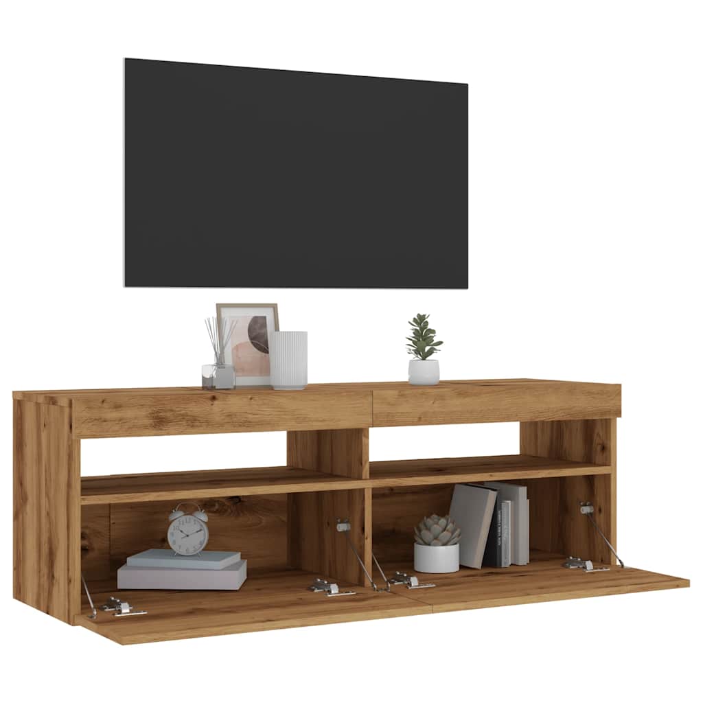Tv-meubel met LED 120x35x40 cm bewerkt hout artisanaal eiken
