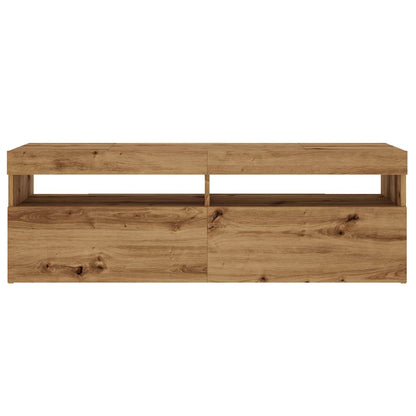 Tv-meubel met LED 120x35x40 cm bewerkt hout artisanaal eiken