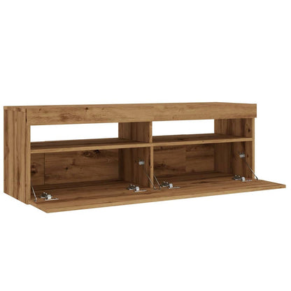 Tv-meubel met LED 120x35x40 cm bewerkt hout artisanaal eiken