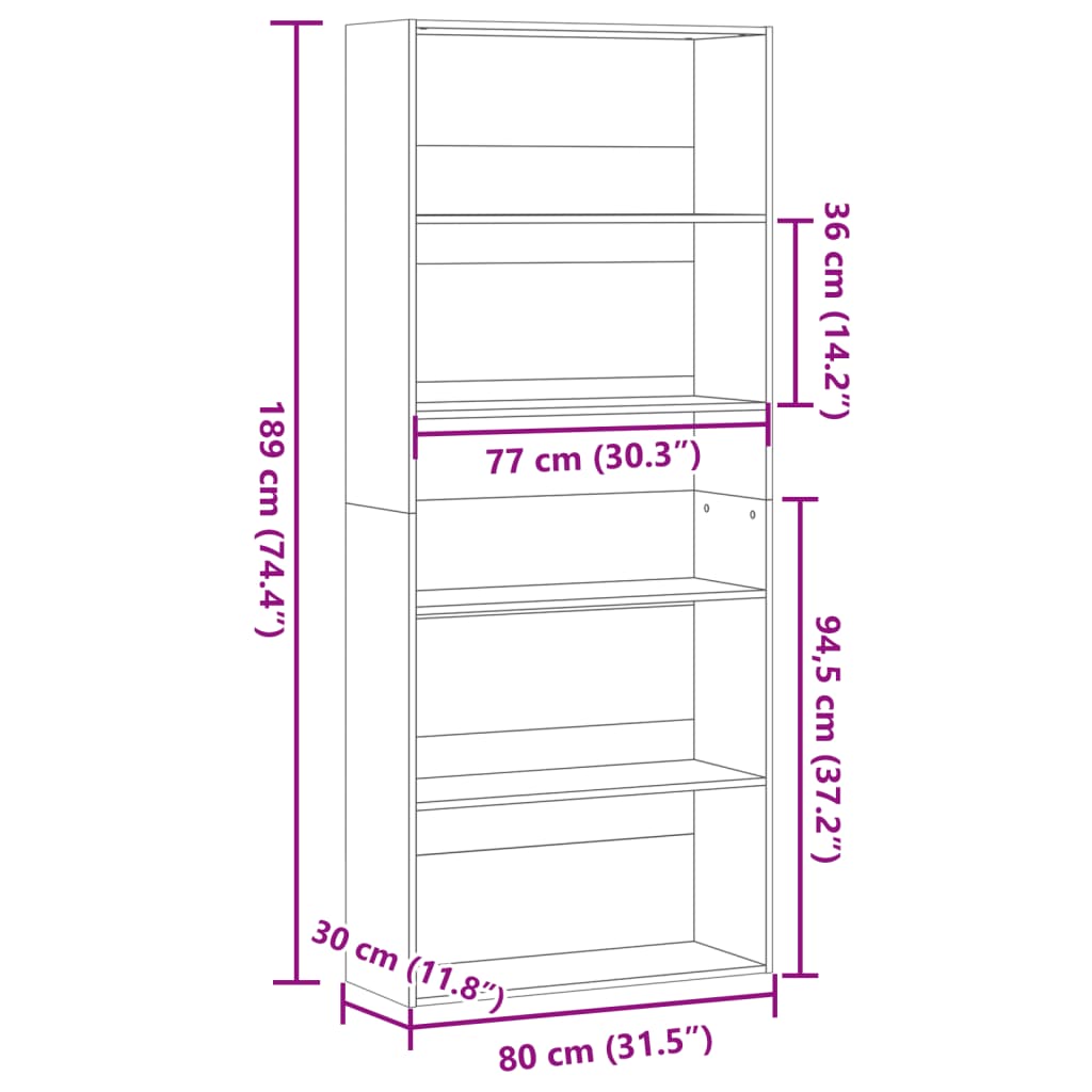 Boekenkast 80x30x189 cm bewerkt hout wit