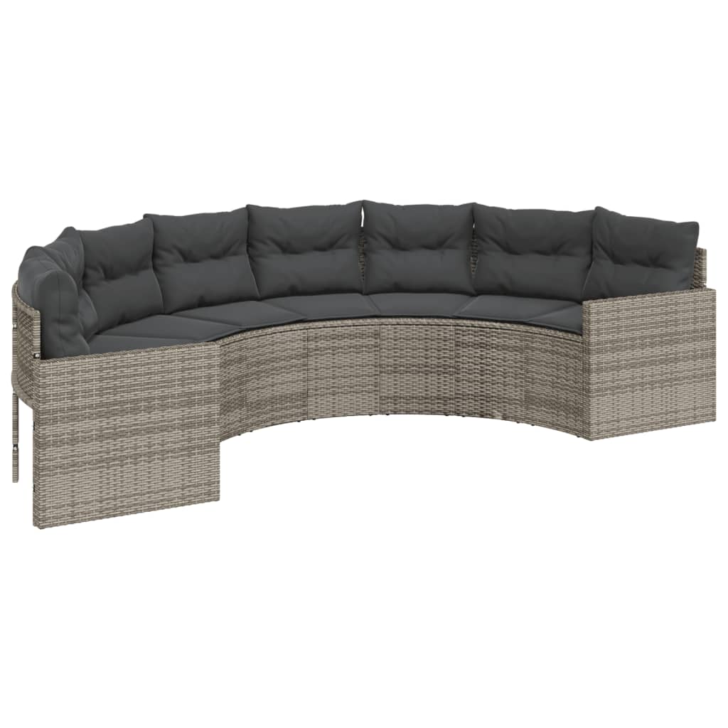 Tuinbank met kussens halfrond poly rattan grijs