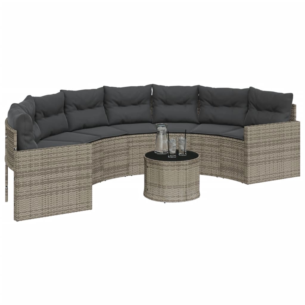 Tuinbank met tafel en kussens halfrond poly rattan grijs