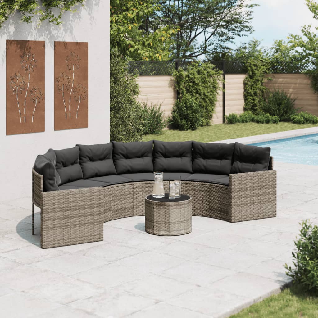 Tuinbank met tafel en kussens halfrond poly rattan grijs