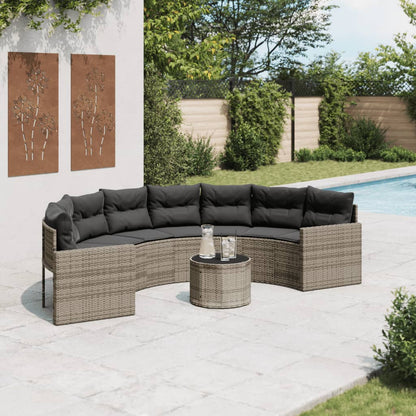 Tuinbank met tafel en kussens halfrond poly rattan grijs