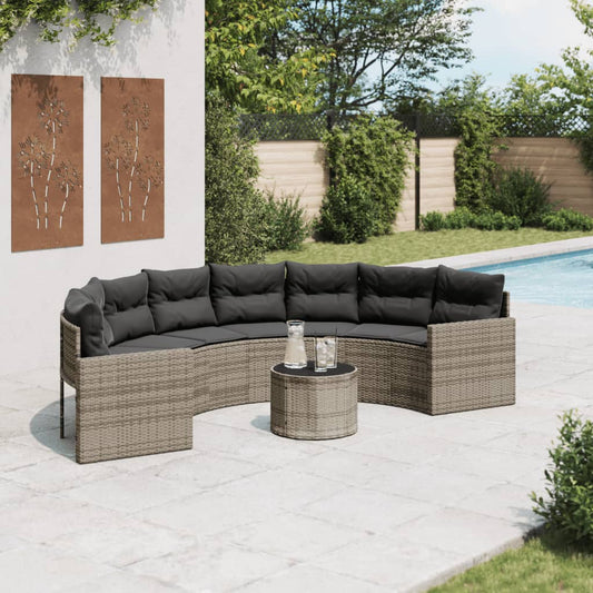 Tuinbank met tafel en kussens halfrond poly rattan grijs