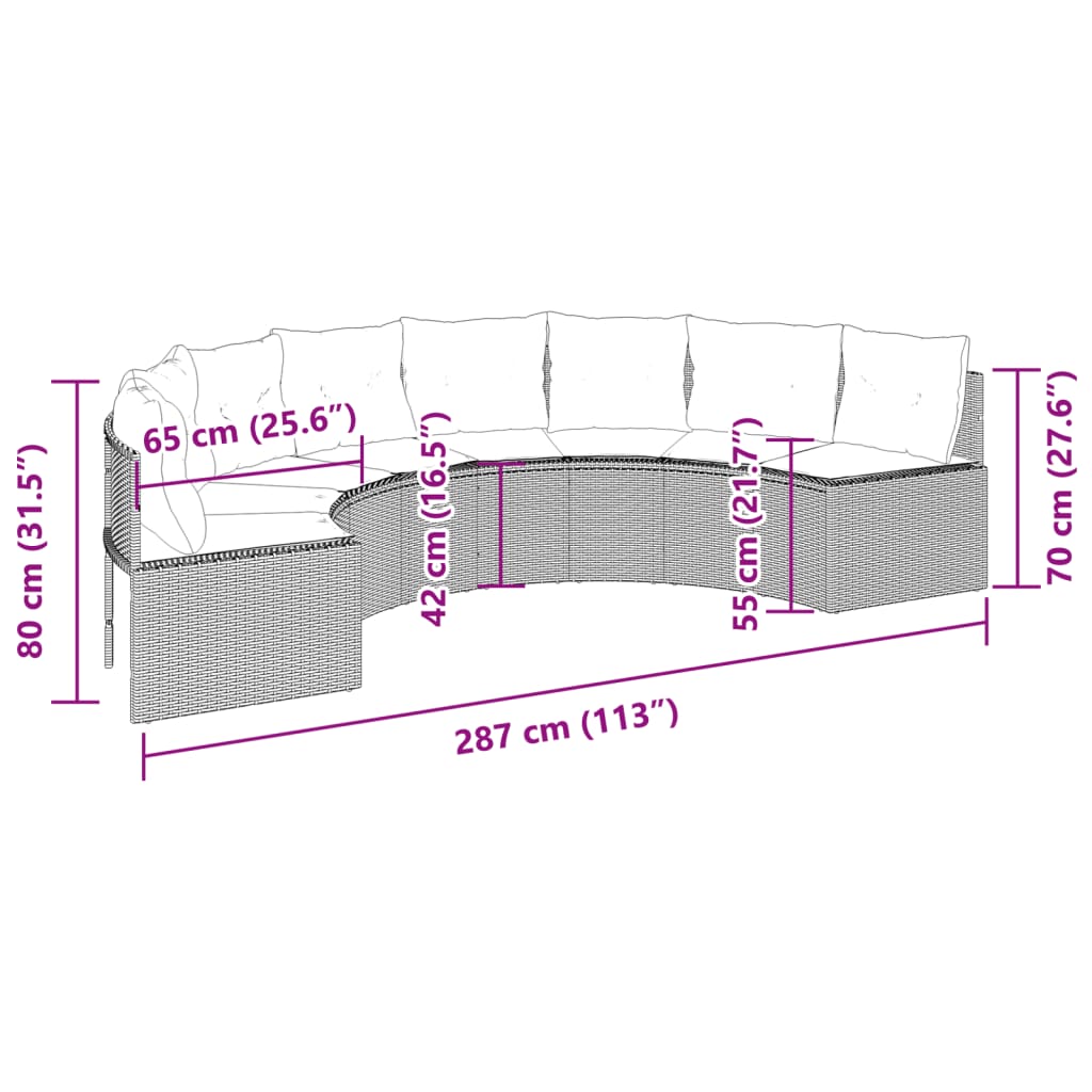 Tuinbank met kussens halfrond poly rattan beige
